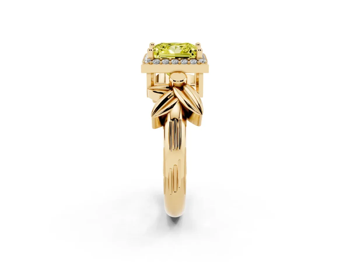 Fancy Yellow Princess Cut Halo Diamond Floral Band with Four-Prong Setting Yellow gold