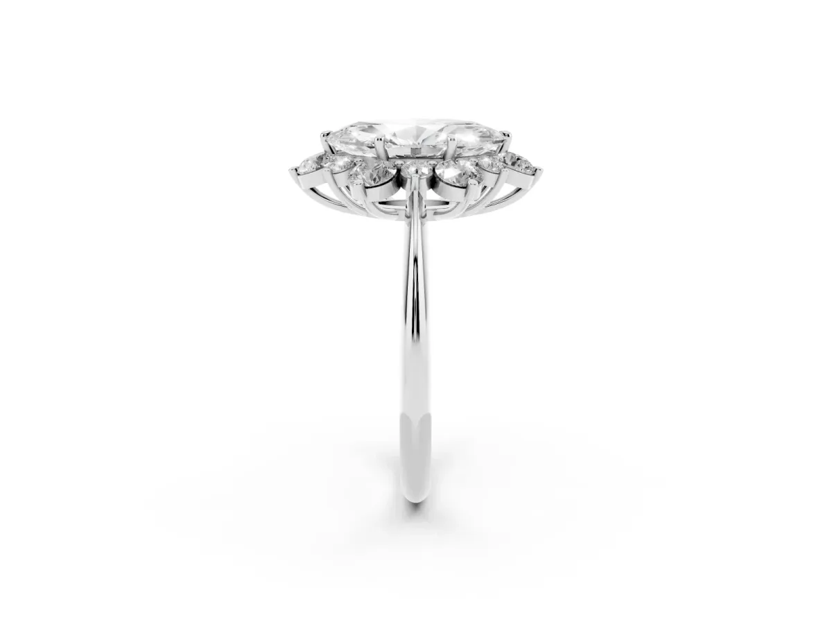Marquise Cut Diamond Cluster Halo Ring with Solitaire Band and Four-Prong Setting Platinum