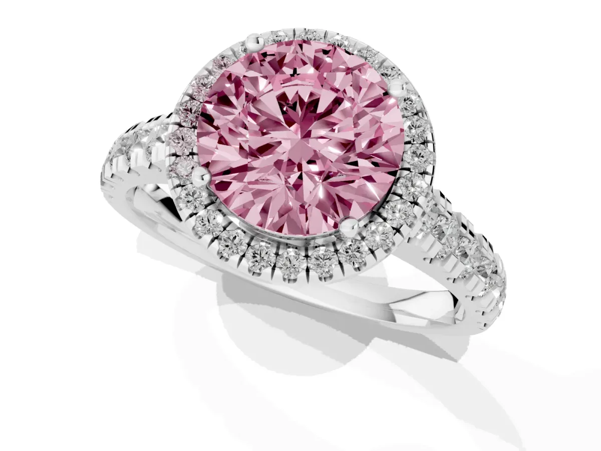 Fancy Pink Round Cut Halo Pavé Diamond Engagement Ring with Four-Prong Setting Platinum