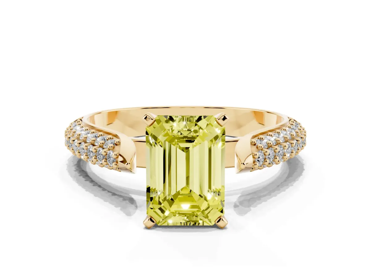 Fancy Yellow Emerald Cut Diamond Solitaire Engagement Ring with Multi-Row Round Pavé Band and Prong Setting Yellow gold
