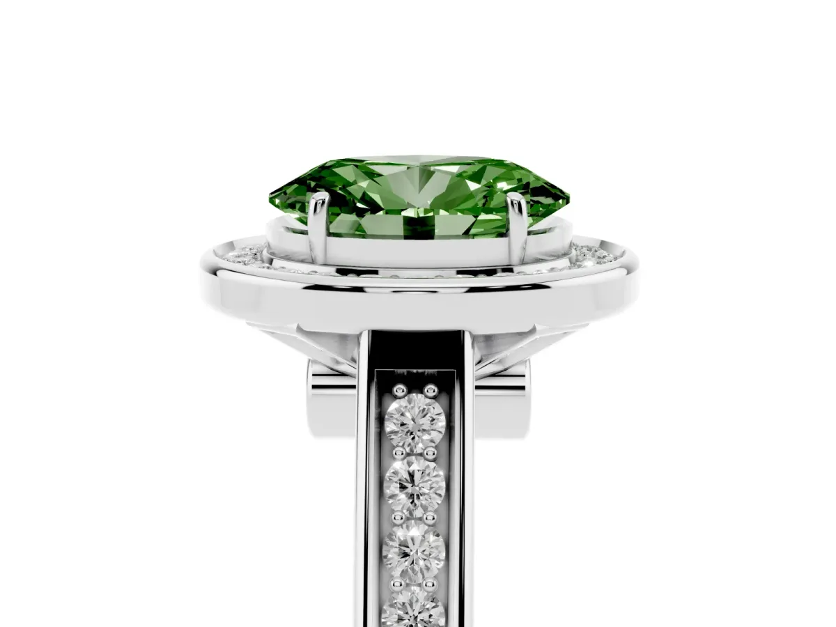 Fancy Green Oval Cut Halo Solitaire Diamond Ring with Pave Band and Bezel Setting Silver
