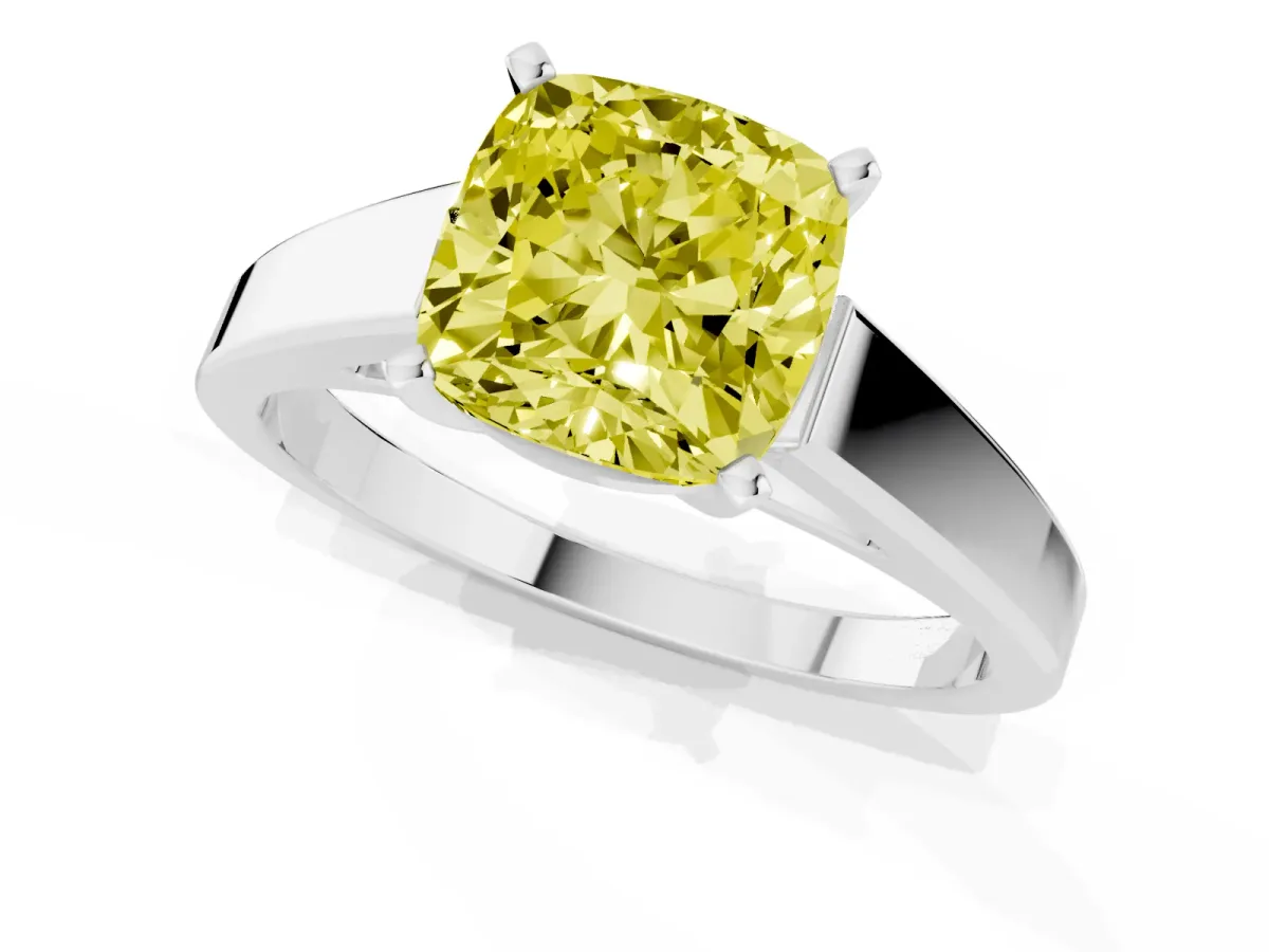 Fancy Yellow Cushion Cut Solitaire Engagement Ring with Four-Prong Setting and Tapered Band White gold