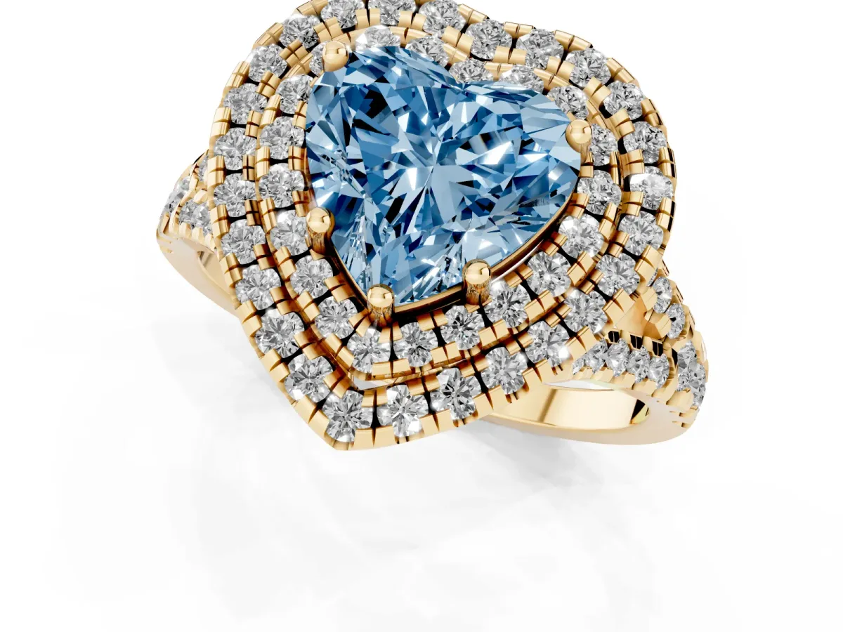 Fancy Blue Double Halo Heart Cut Diamond Pavé Split Shank Ring with Prong Setting Yellow gold