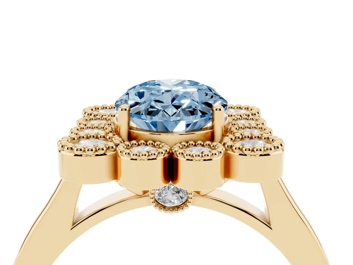 Fancy Blue Oval Cut Halo Diamond Cluster Engagement Ring with Milgrain Bezel Setting and Solitaire Band Yellow gold