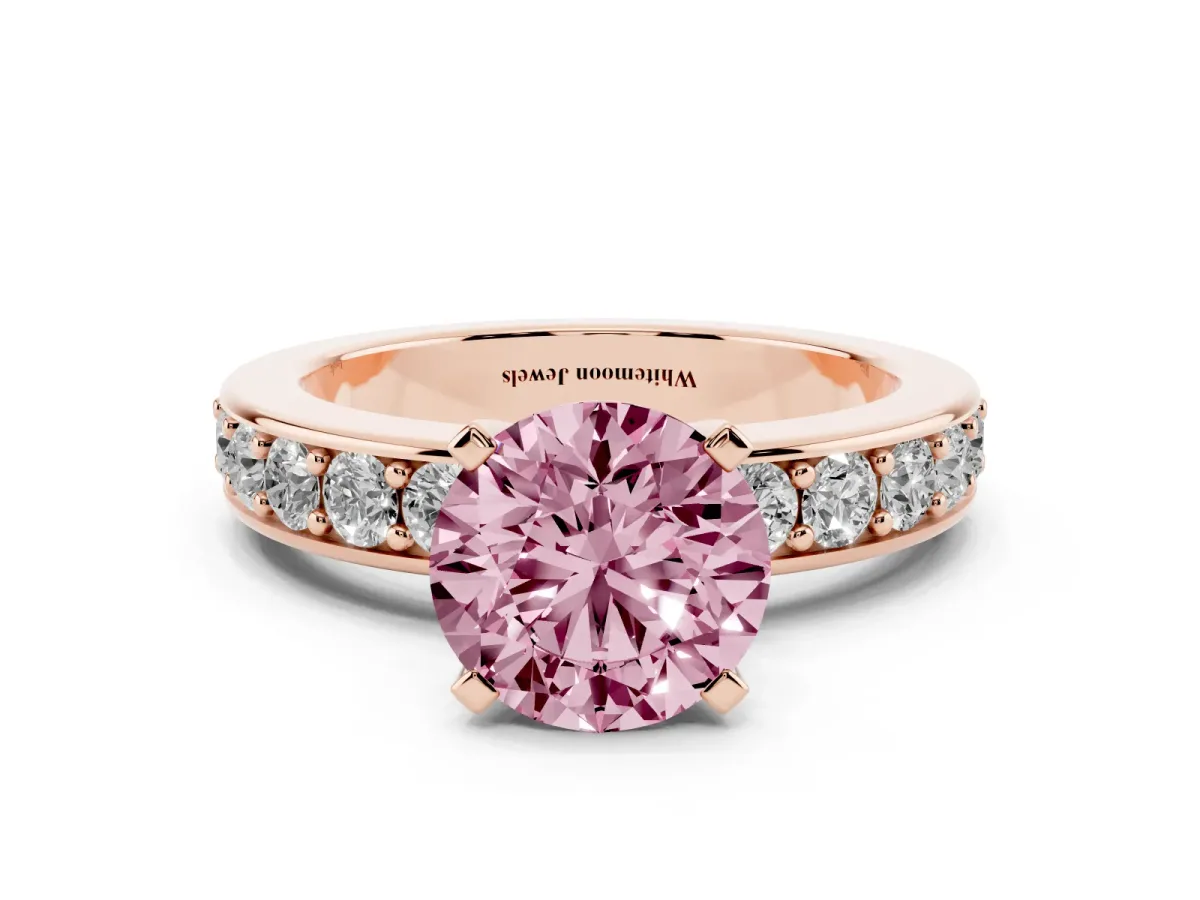 Fancy Pink Round Cut Diamond Engagement Ring with Channel Set Round Band and Prong Setting Rose gold