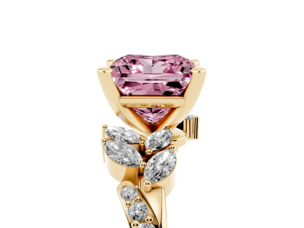 Fancy Pink Princess Cut Solitaire Marquise Twist Band with Six-Prong Setting Yellow gold