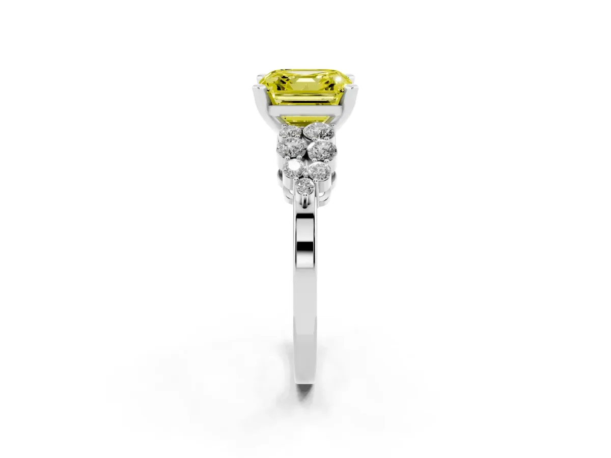 Fancy Yellow Asscher Cut Cluster Diamond Engagement Ring with Pavé Band and Four-Prong Setting Platinum