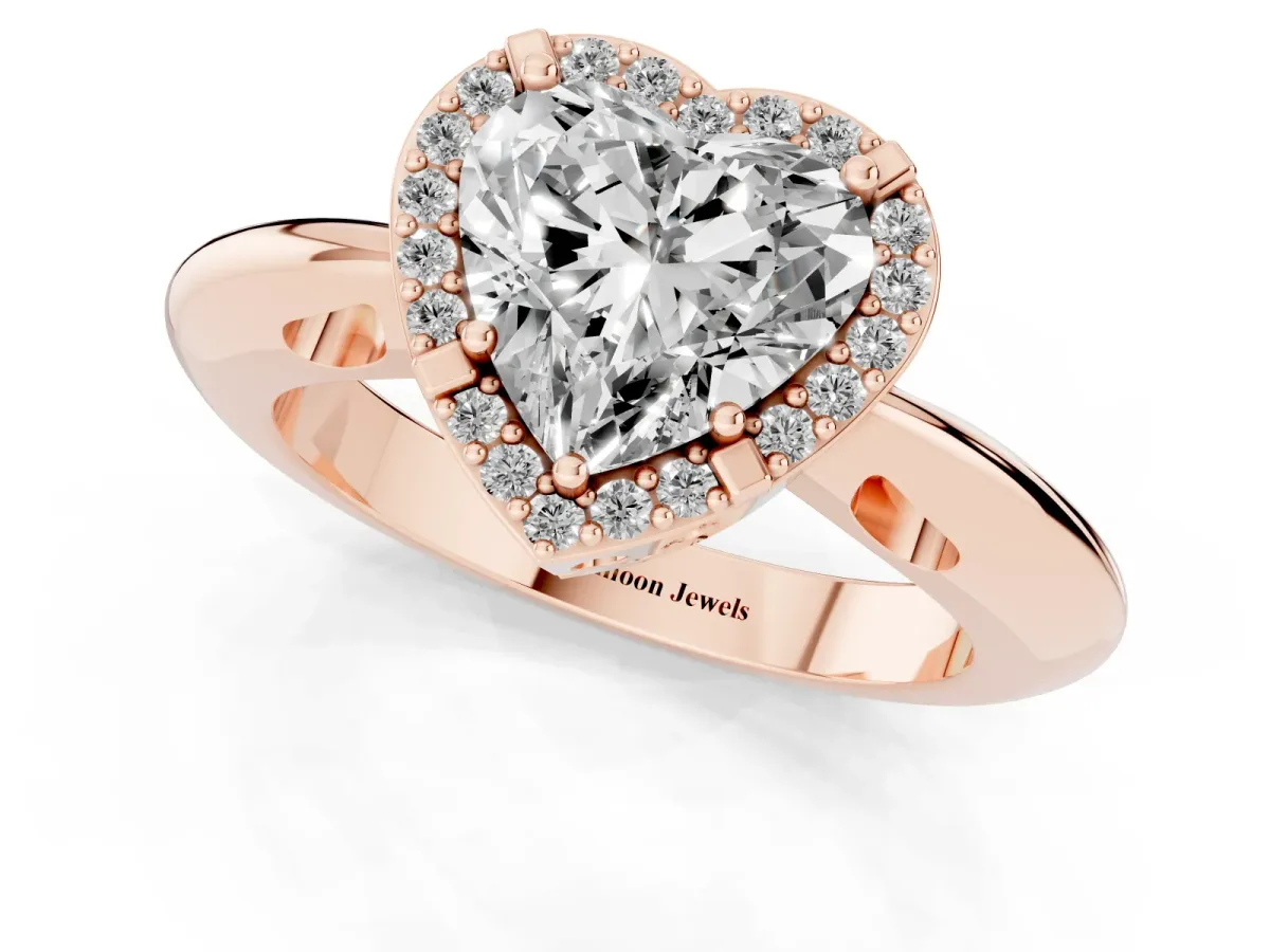 Heart Cut Cut Diamond Halo Engagement Ring with Split Shank and Four-Prong Setting Rose gold
