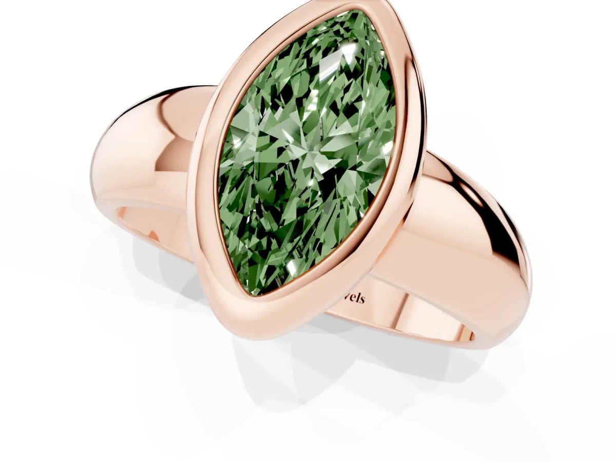 Fancy Green Bezel Set Marquise Cut Solitaire Ring with Wide Band Rose gold