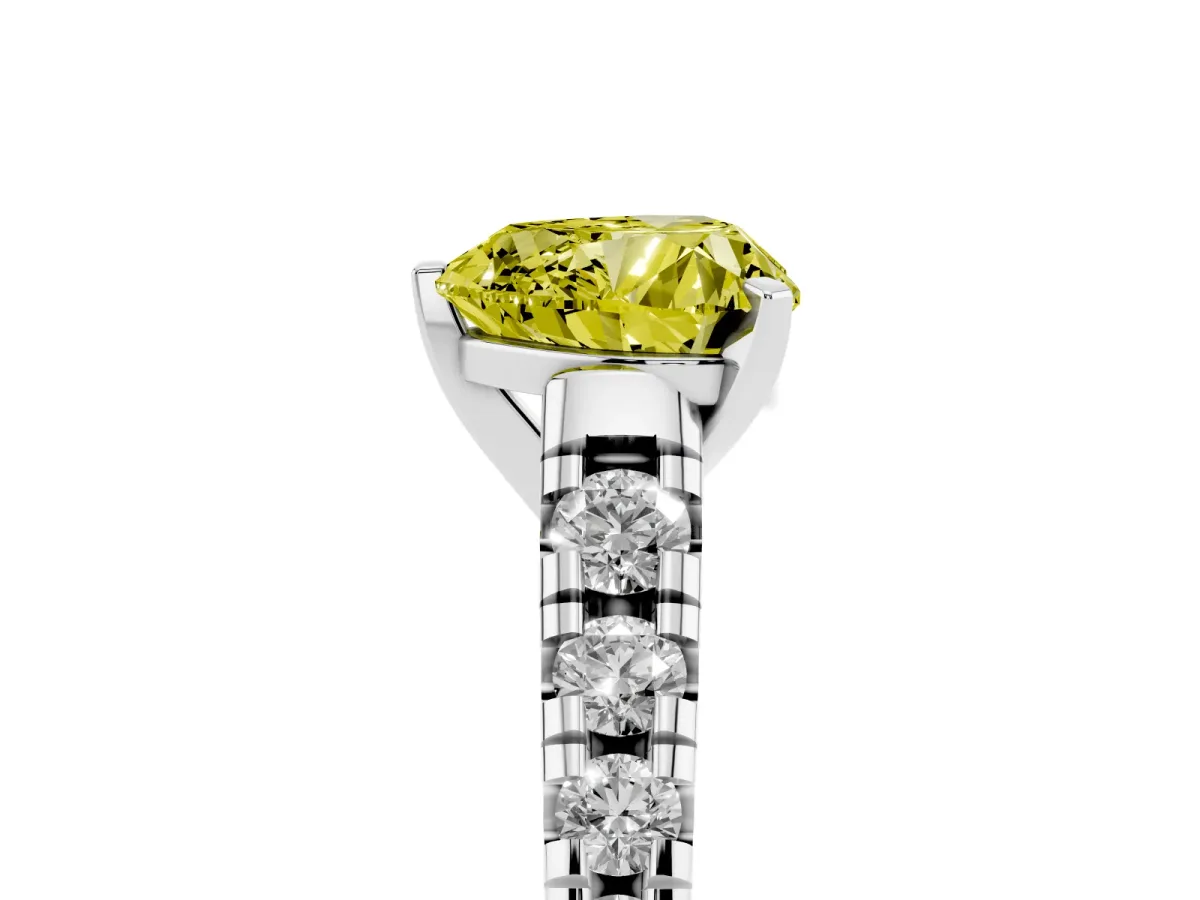 Fancy Yellow Heart Cut Diamond Cathedral Solitaire Ring with Round Pavé Band Silver