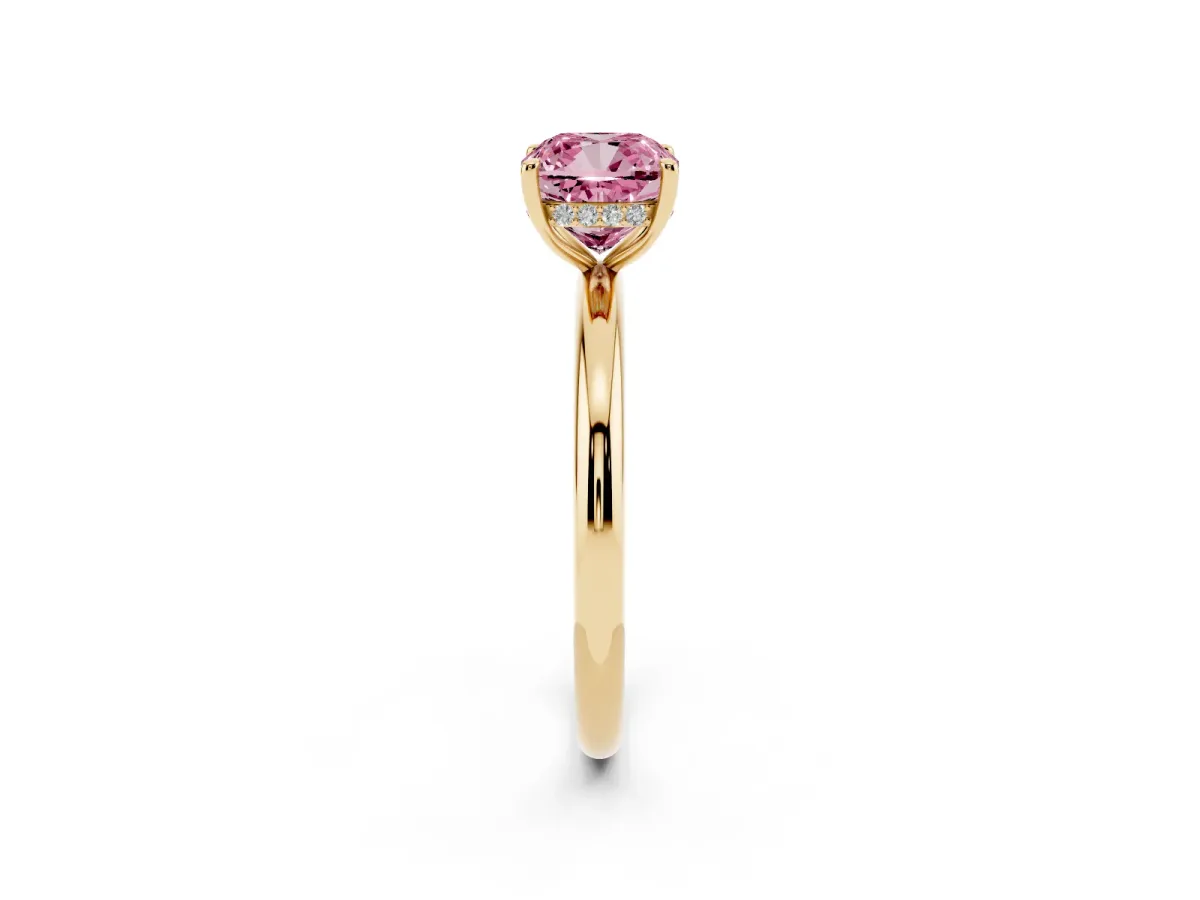 Fancy Pink Cushion Cut Diamond Solitaire Ring with Thin Band and Four-Prong Setting Yellow gold