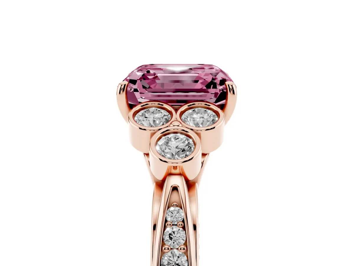 Fancy Pink Asscher Cut Cut Diamond Engagement Ring with Bezel Set Round Side Stones and Prong Setting Rose gold