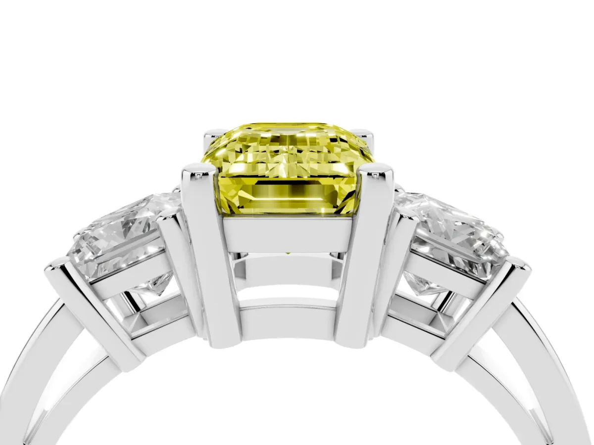 Fancy Yellow Three-Stone Emerald Cut Cut Solitaire Ring with Prong Setting Platinum