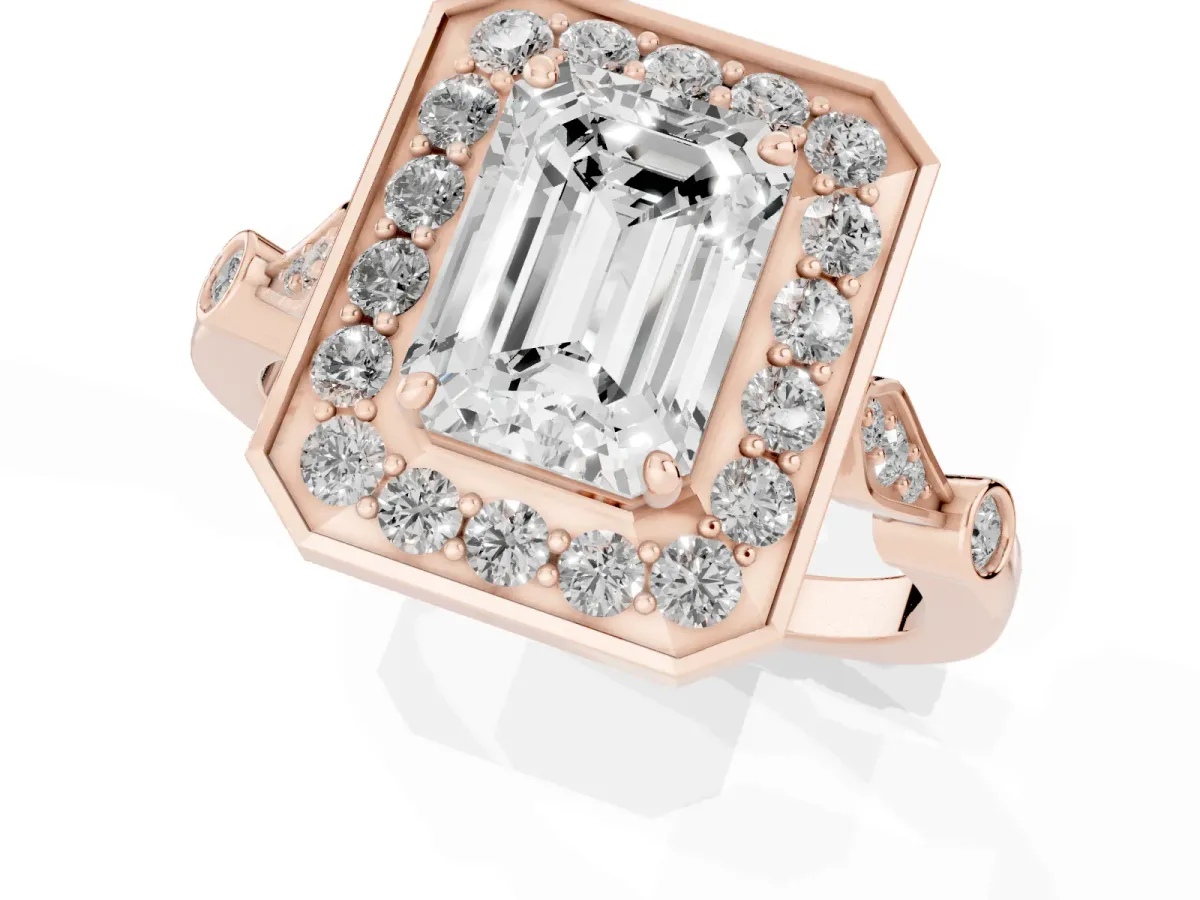 Emerald Cut Halo Diamond Engagement Ring with Twisted Band and Four-Prong Setting Rose gold