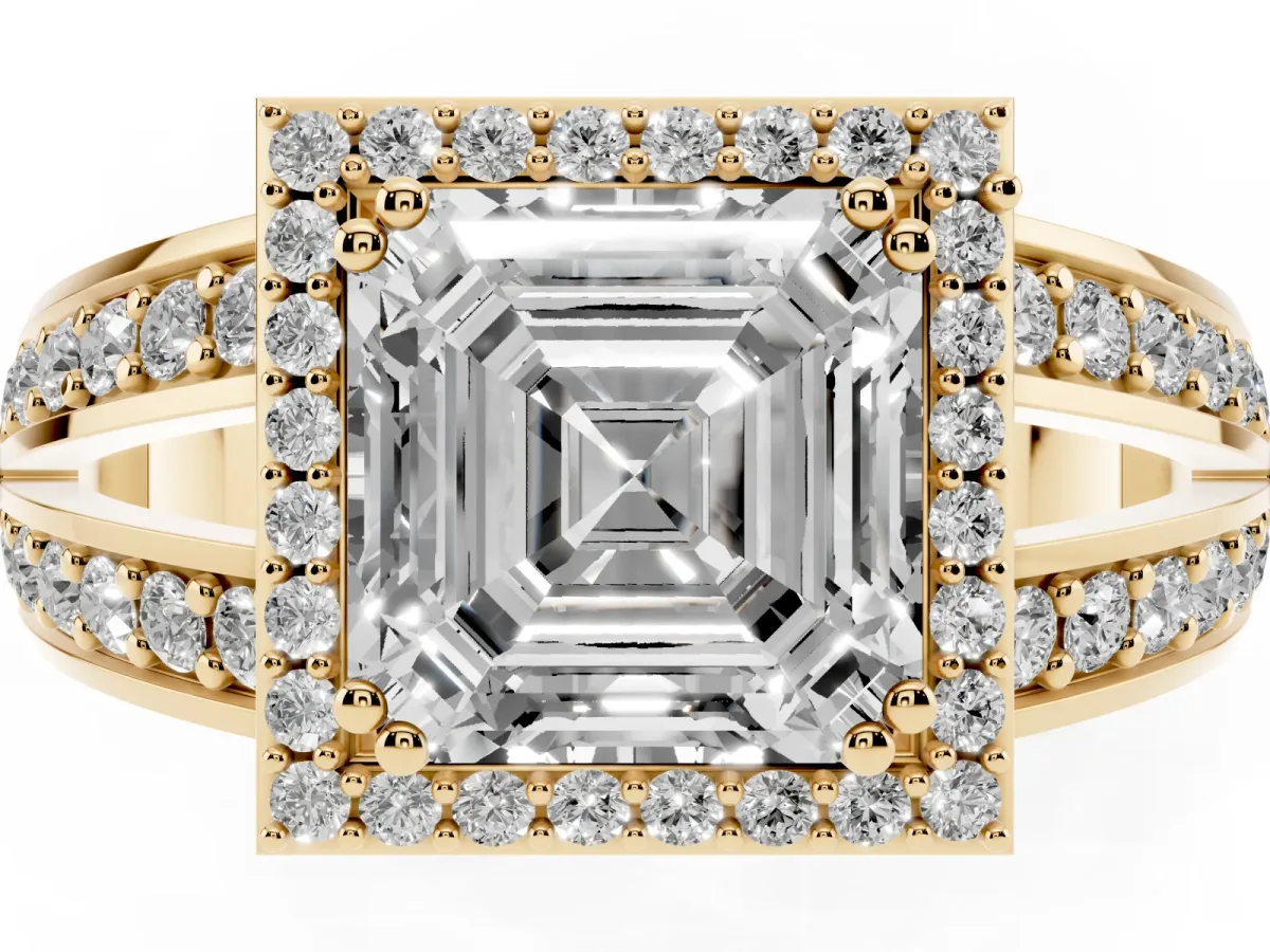 Asscher Cut Diamond Halo Ring with Split Shank Pavé Band and Four-Prong Setting Yellow gold