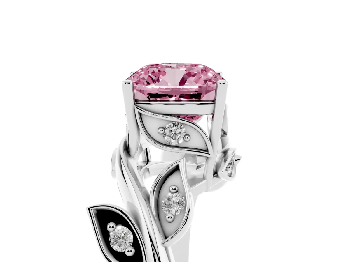 Fancy Pink Cushion Cut Solitaire Twist Engagement Ring with Leaf Accents and Prong Setting Platinum