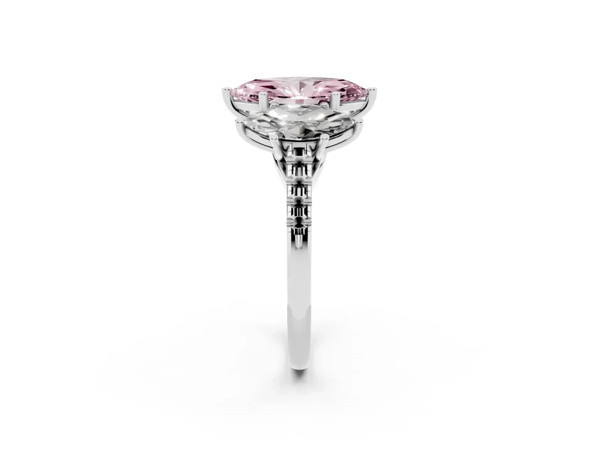 Fancy Pink Three-Stone Marquise Cut Diamond Ring with Round Pavé Band and Prong Setting Silver