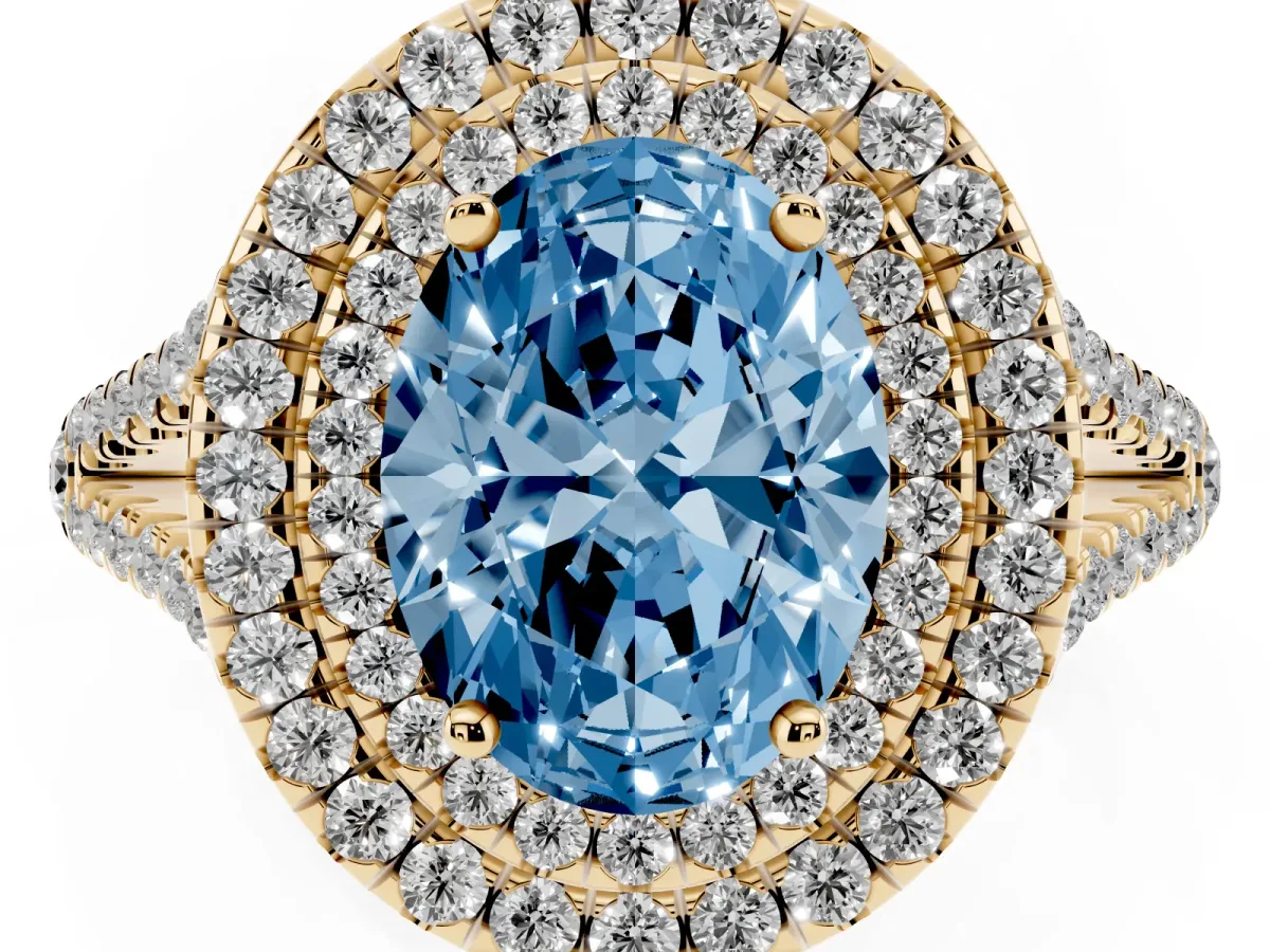 Fancy Blue Oval Cut Diamond Double Halo Ring with Pavé Band and Prong Setting Yellow gold
