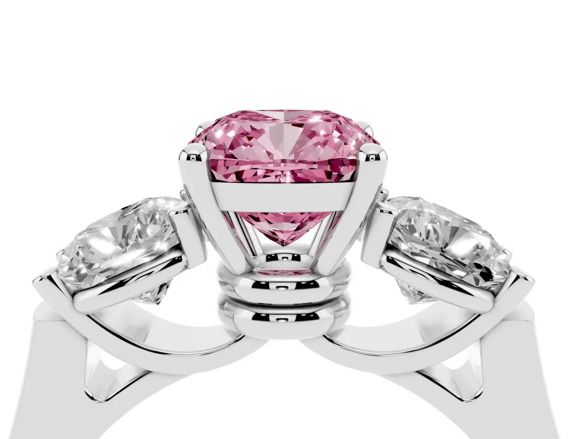 Fancy Pink Three-Stone Cushion Cut Brilliant Diamond Trellis Ring with Comfort Fit Band Platinum