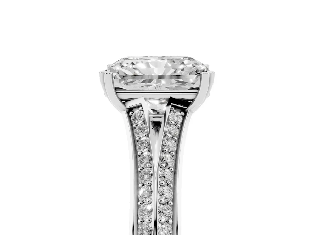 Radiant Cut Diamond Split Shank Engagement Ring with Pavé Band White gold