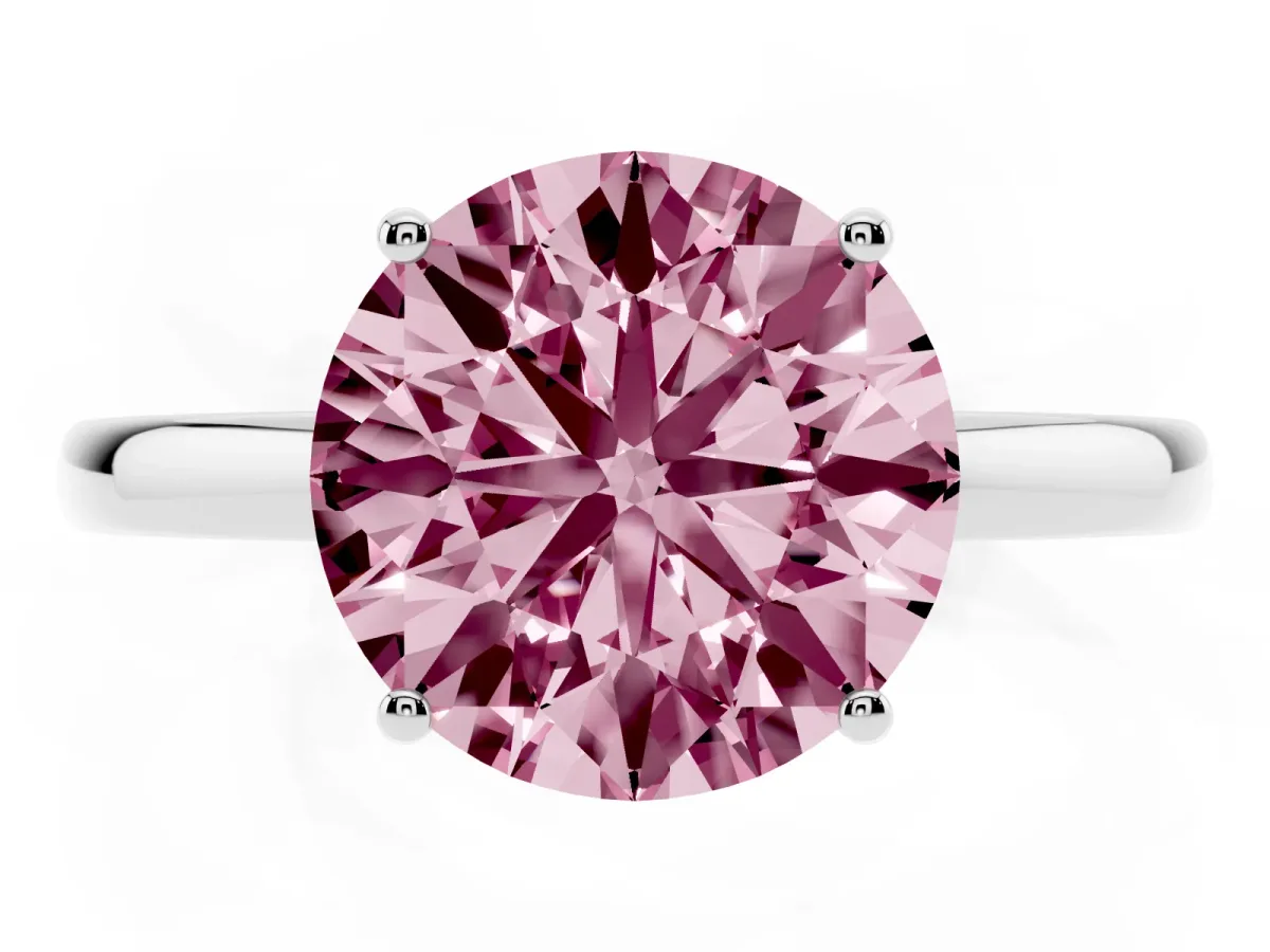 Fancy Pink Round Cut Solitaire Diamond Ring with Prong Setting and Plain Band Silver