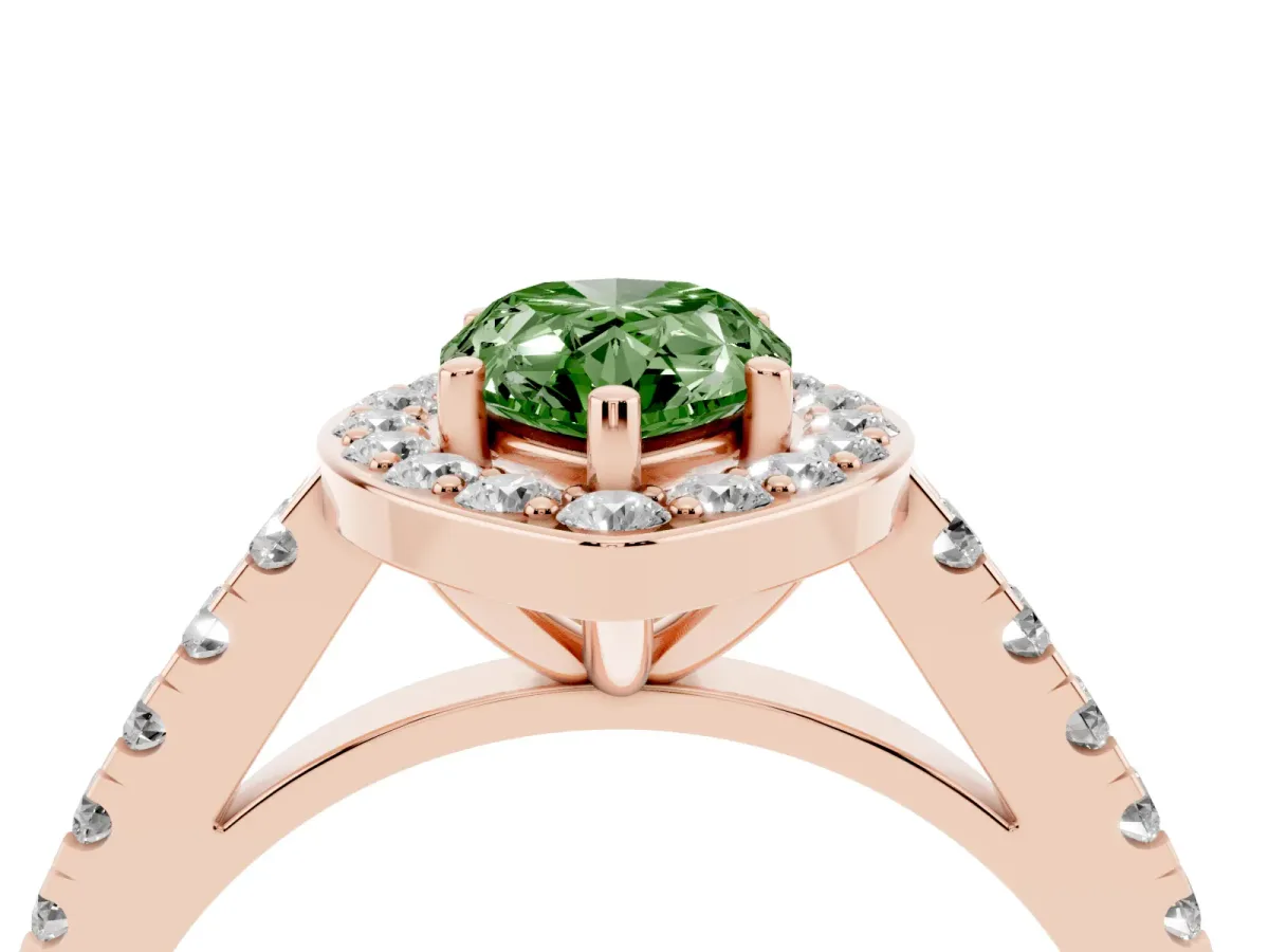 Fancy Green Pear Cut Diamond Halo Ring with Round Pavé Split Shank and Prong Setting Rose gold