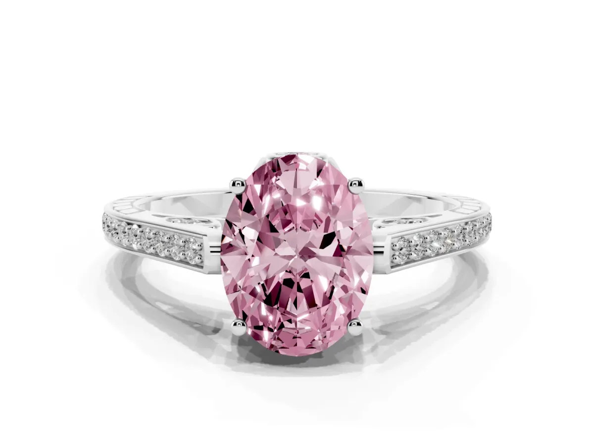 Fancy Pink Oval Cut Cut Cathedral Pave Diamond Engagement Ring with Six-Prong Setting Silver