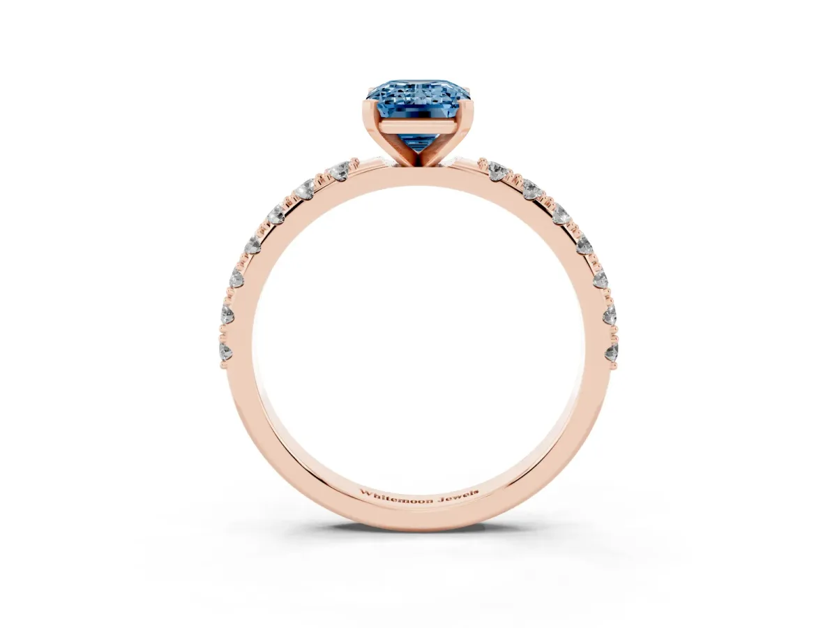 Fancy Blue Emerald Cut Diamond Solitaire Pavé Band with Four-Prong Setting Rose gold