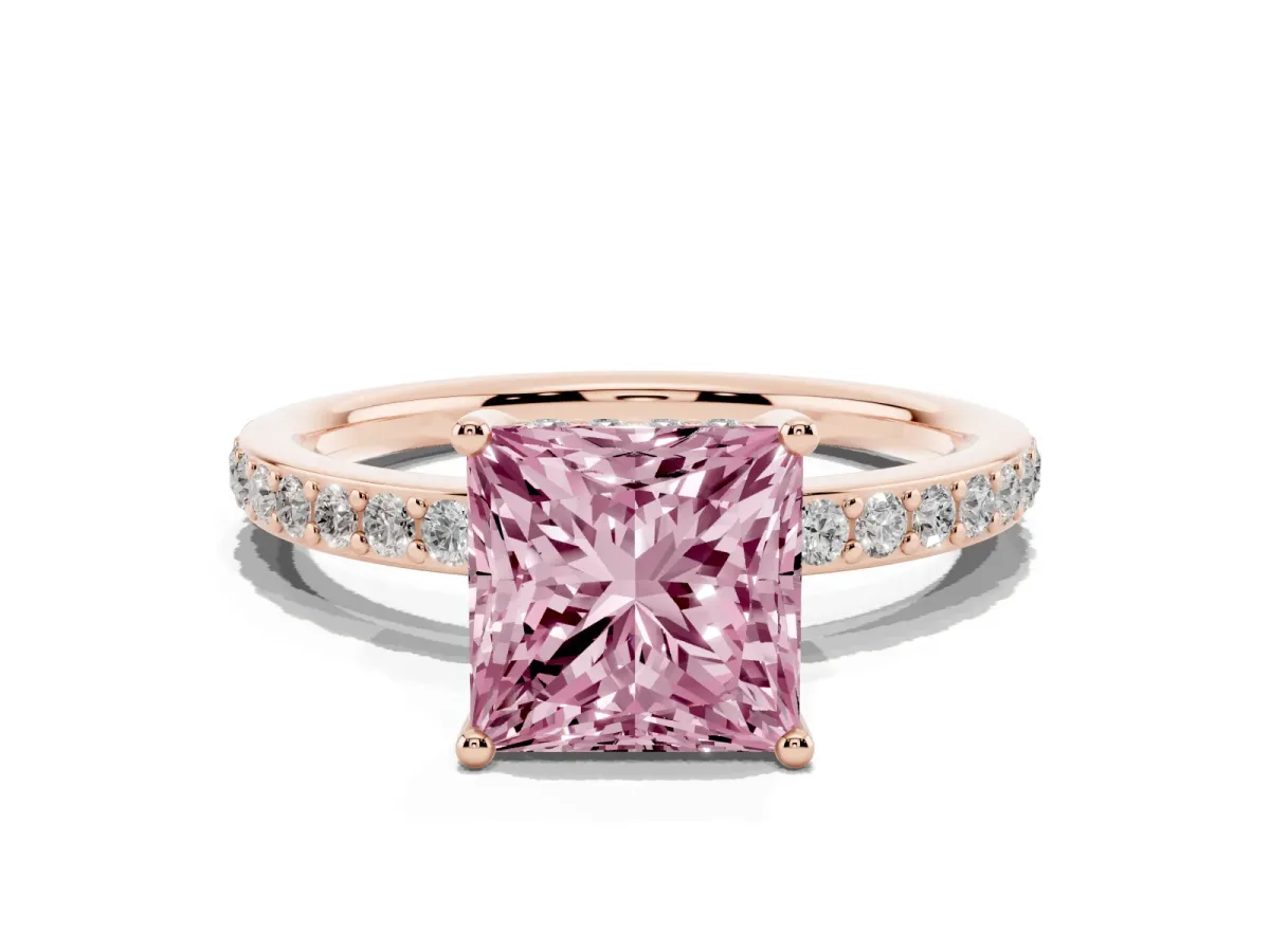 Fancy Pink Princess Cut Cut Diamond Pavé Band Ring with Four-Prong Setting Rose gold