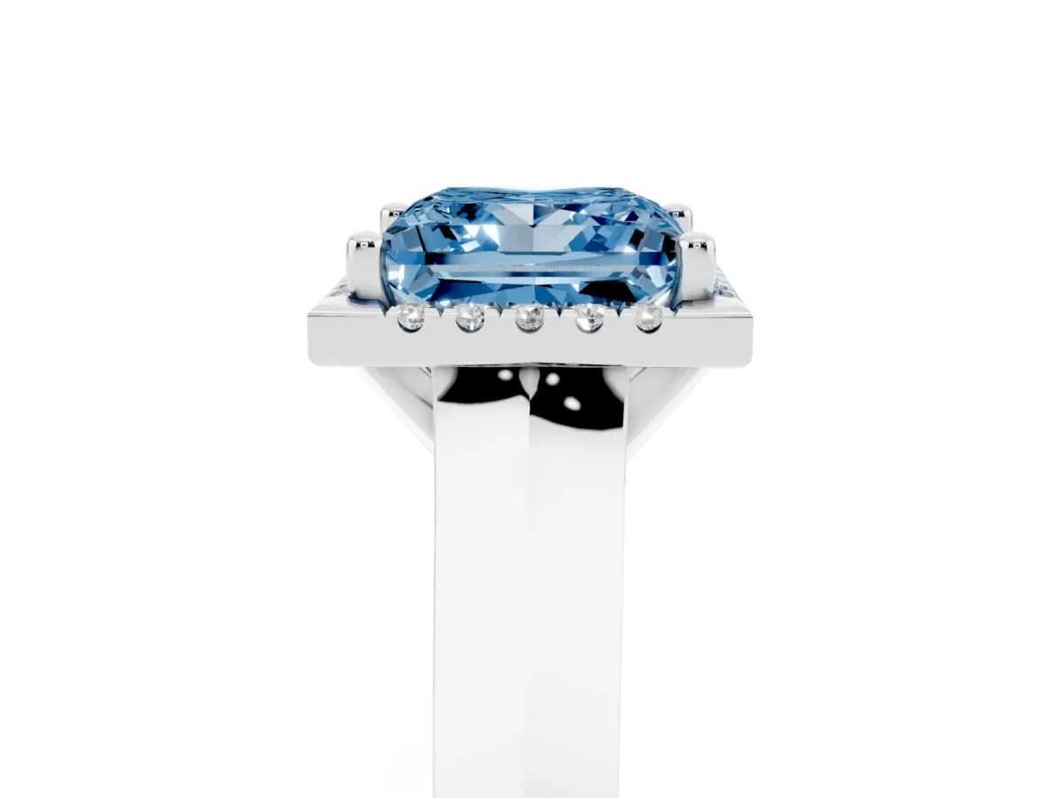 Fancy Blue Princess Cut Halo Diamond Ring with Cathedral Band and Four-Prong Setting Platinum