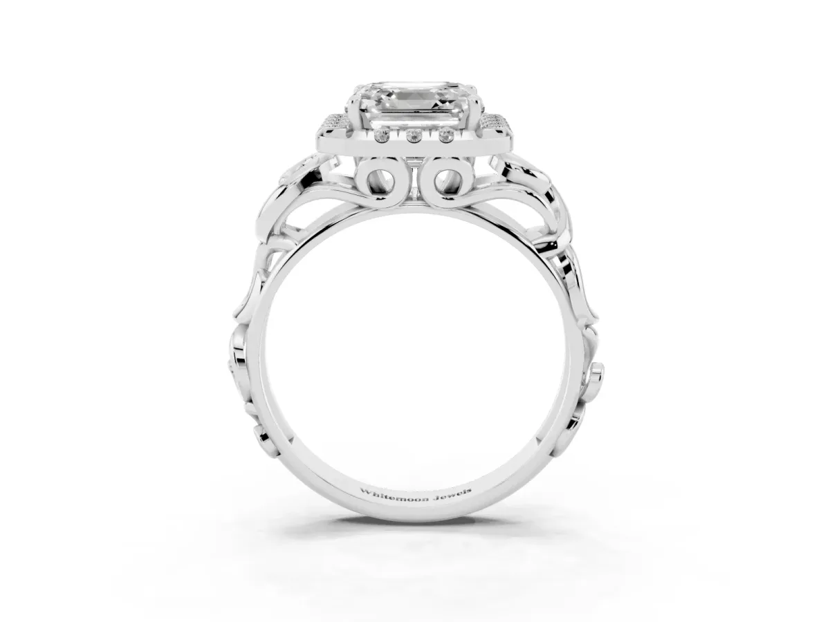 Asscher Cut Cut Halo Diamond Ring with Scrollwork Band and Four-Prong Setting Silver