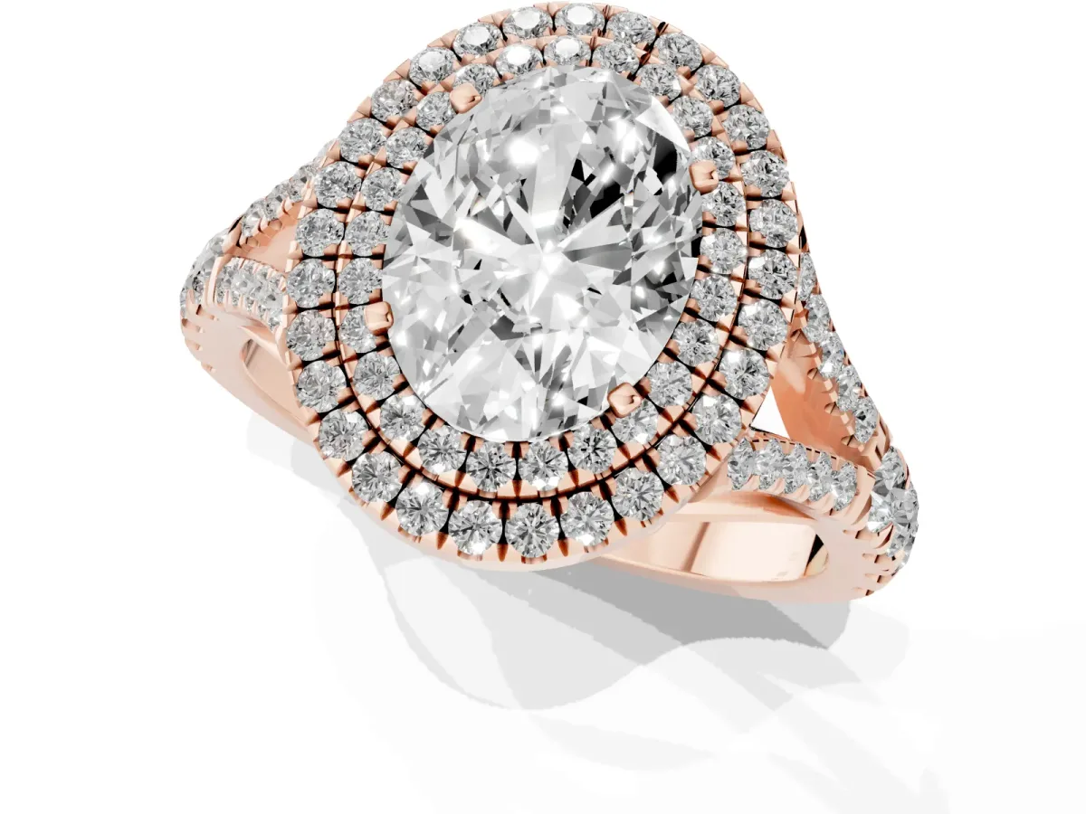 Double Halo Oval Cut Diamond Split Shank Engagement Ring with Four-Prong Setting Rose gold