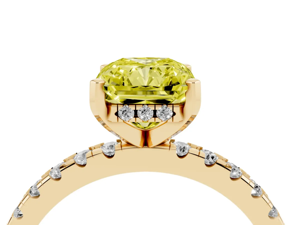 Fancy Yellow Radiant Cut Diamond Solitaire Ring with Round Pavé Band and Four-Prong Setting Yellow gold