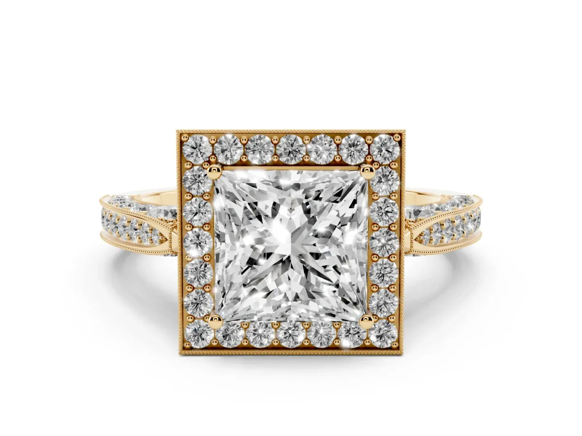 Princess Cut Halo Diamond Engagement Ring with Split Shank Band and Four-Prong Setting Yellow gold