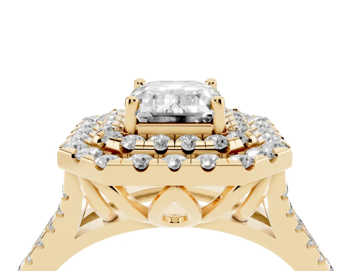 Double Halo Emerald Cut Diamond Pavé Split Shank Ring with Prong Setting Yellow gold