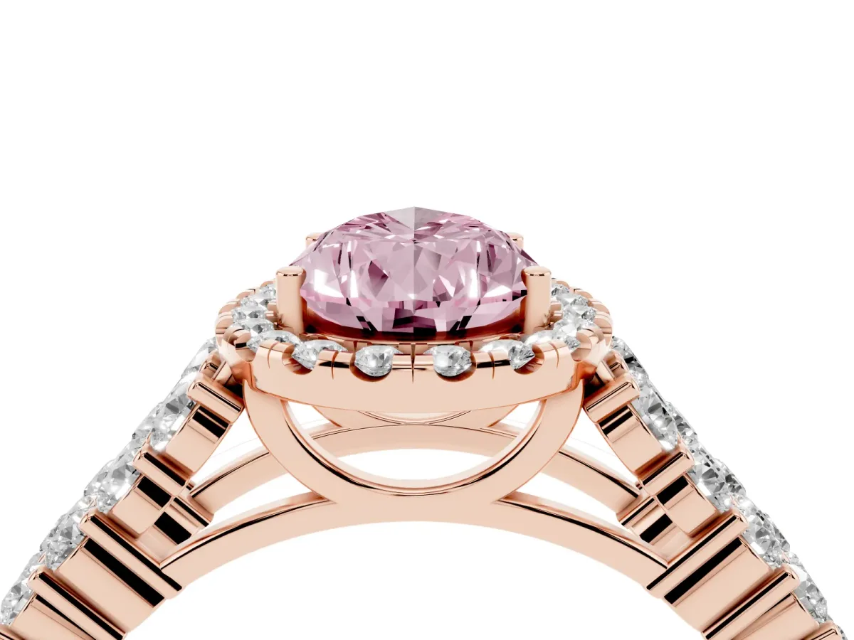 Fancy Pink Pear Cut Diamond Halo Engagement Ring with Triple Row Round Pavé Band and Prong Setting Rose gold