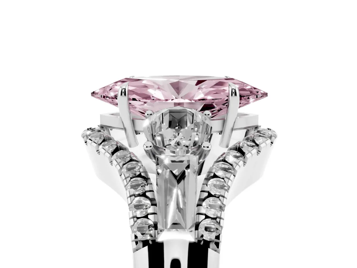 Fancy Pink Three-Stone Marquise Cut Diamond Engagement Ring with Pave Band and Prong Setting Silver