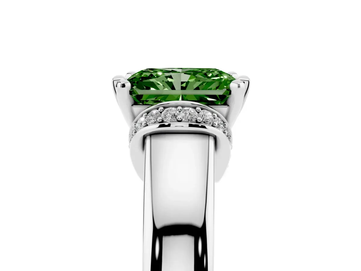 Fancy Green Radiant Cut Solitaire Diamond Ring with Pave Band and Six-Prong Setting White gold