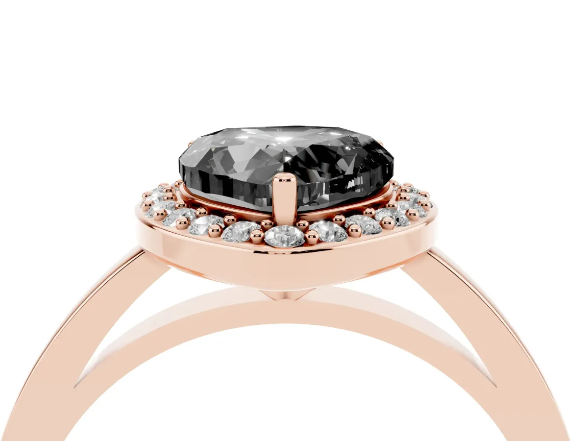 Fancy Black Heart Cut Halo Diamond Ring with Solitaire Band and Prong Setting Rose gold