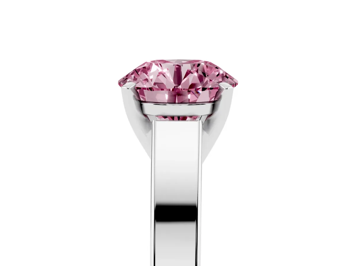Fancy Pink Round Cut Solitaire Engagement Ring with Four-Prong Setting and Tapered Band Silver