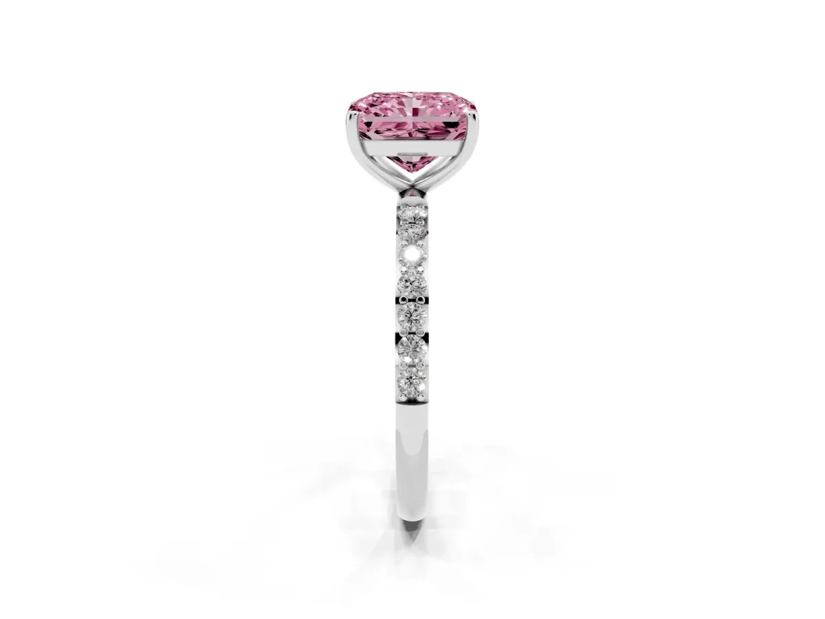 Fancy Pink Radiant Cut Diamond Solitaire Ring with Round Pavé Shoulders and Prong Setting Silver