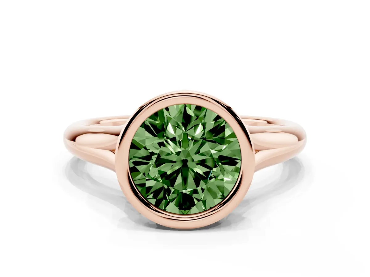 Fancy Green Bezel Set Round Cut Solitaire Diamond Ring with Smooth Band Rose gold