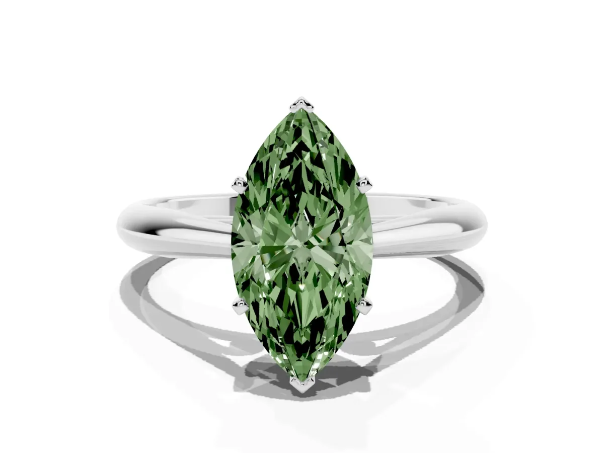 Fancy Green Marquise Cut Diamond Solitaire Engagement Ring with Cathedral Setting and Four-Prong Mount Platinum