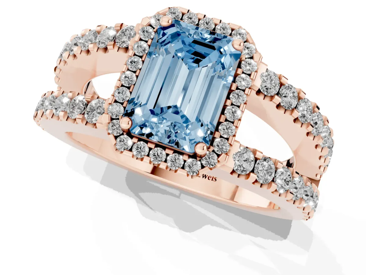 Fancy Blue Emerald Cut Cut Halo Split Shank Diamond Ring with Four-Prong Setting Rose gold