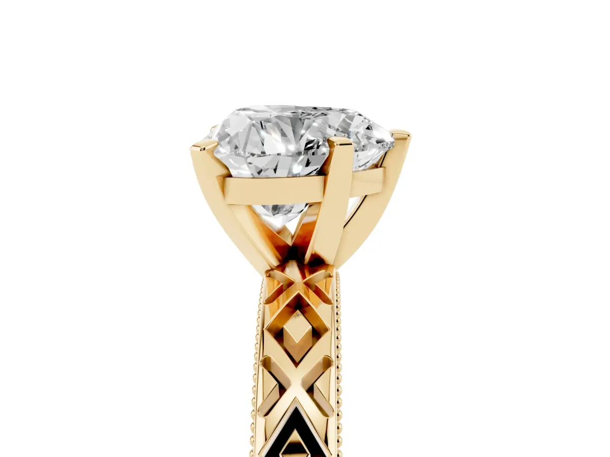 Heart Cut Solitaire Diamond Ring with Milgrain and Black Enamel X Pattern Band Yellow gold