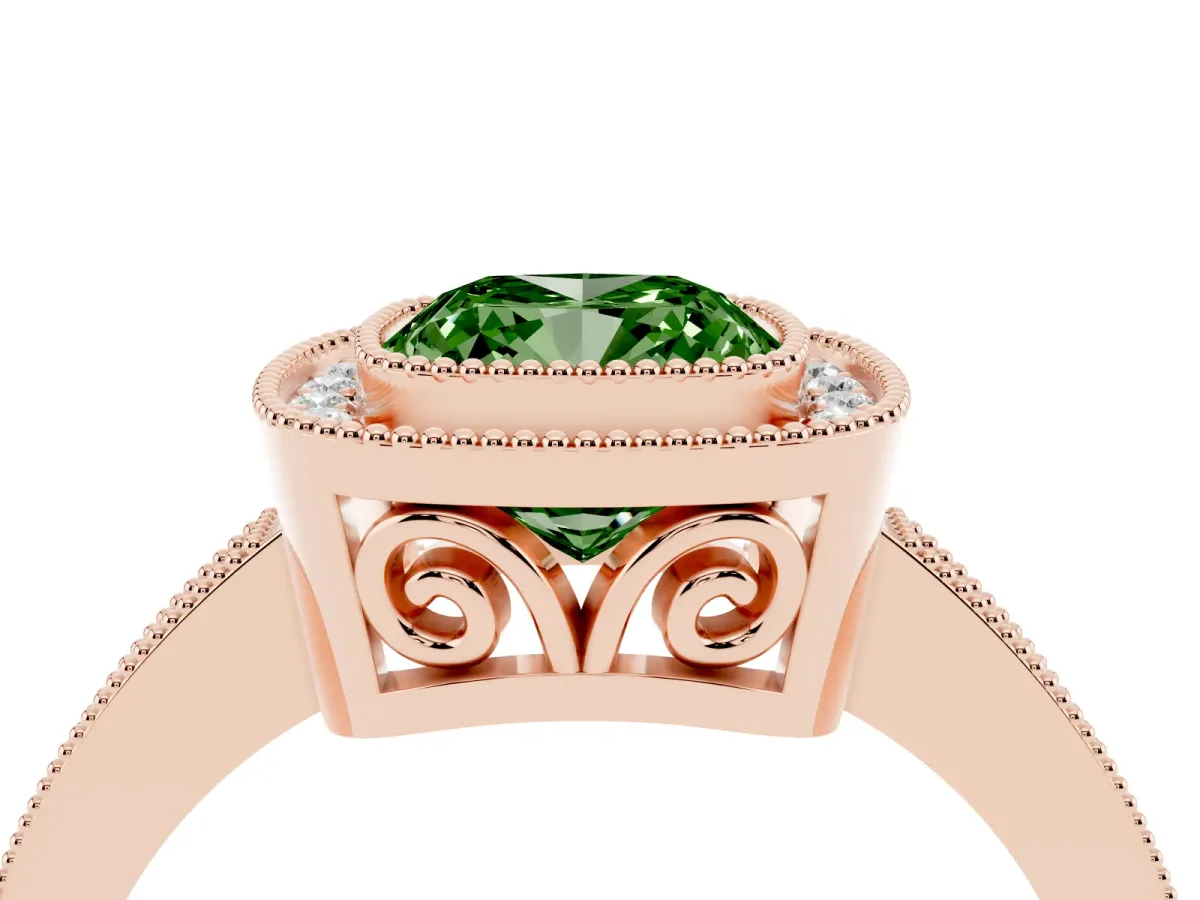 Fancy Green Cushion Cut Cut Halo Diamond Ring with Pavé Band and Milgrain Prong Setting Rose gold