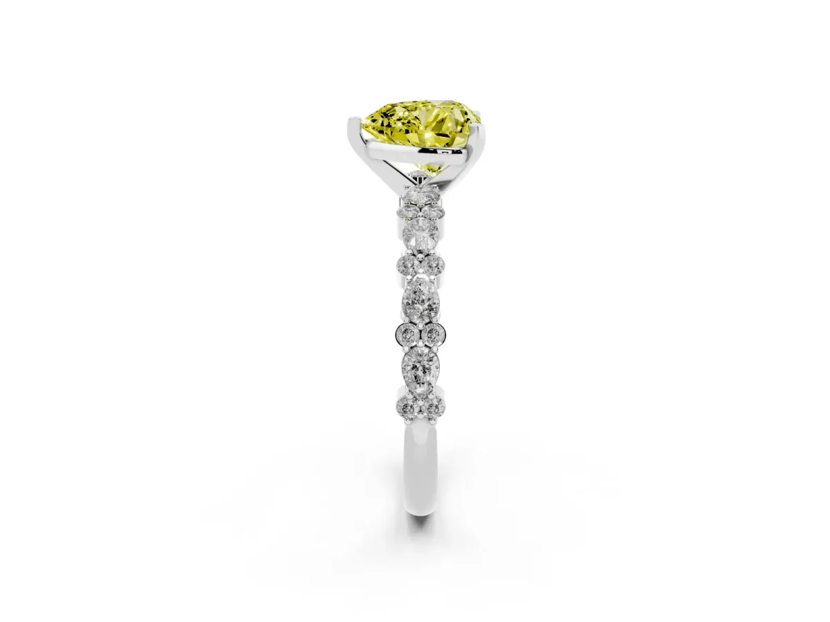 Fancy Yellow Heart Cut Diamond Side Stone Solitaire Ring with Round and Four-Prong Setting Silver
