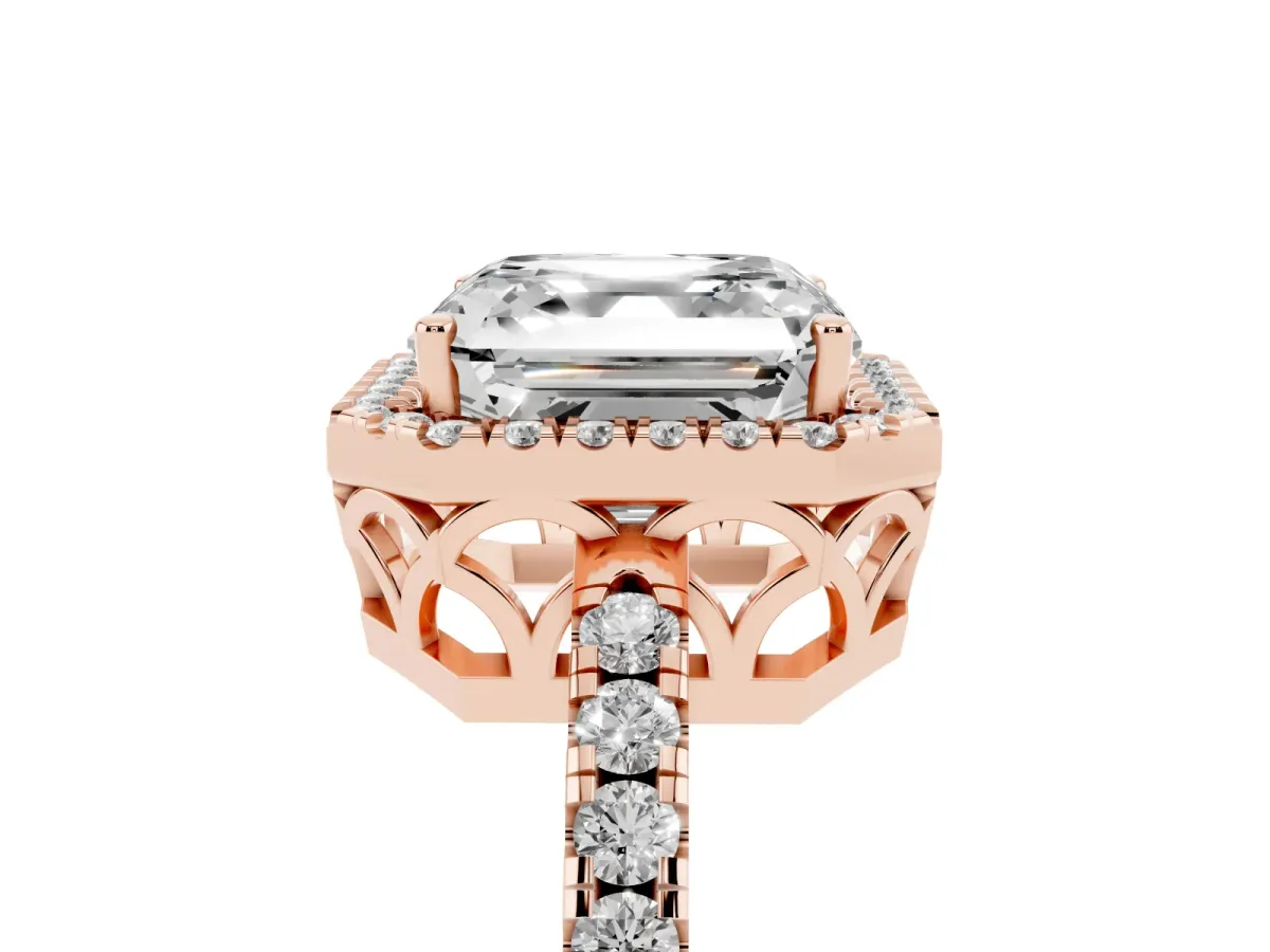 Asscher Cut Halo Diamond Engagement Ring with Pavé Band and Four-Prong Setting Rose gold