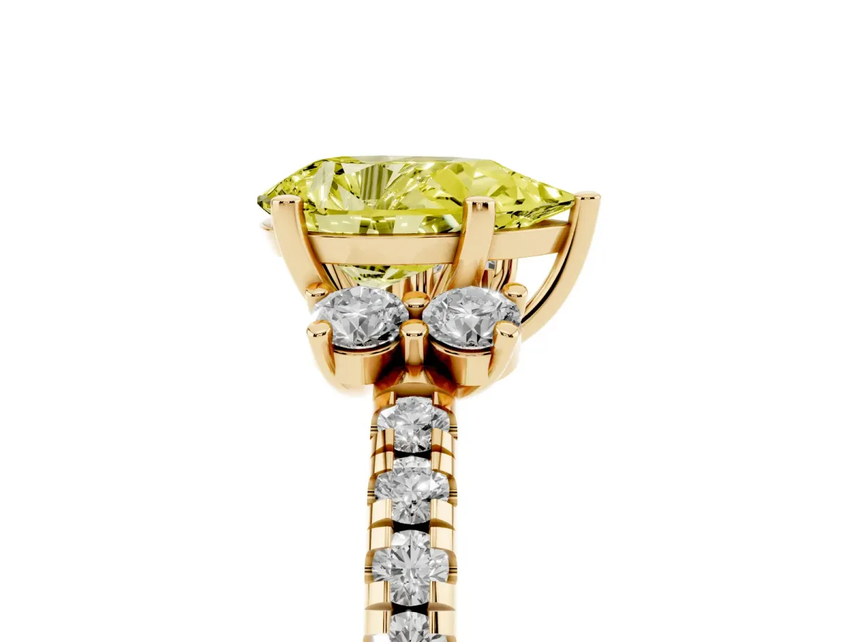 Fancy Yellow Pear Cut Diamond Three-Stone Pave Band with Four-Prong Setting Yellow gold