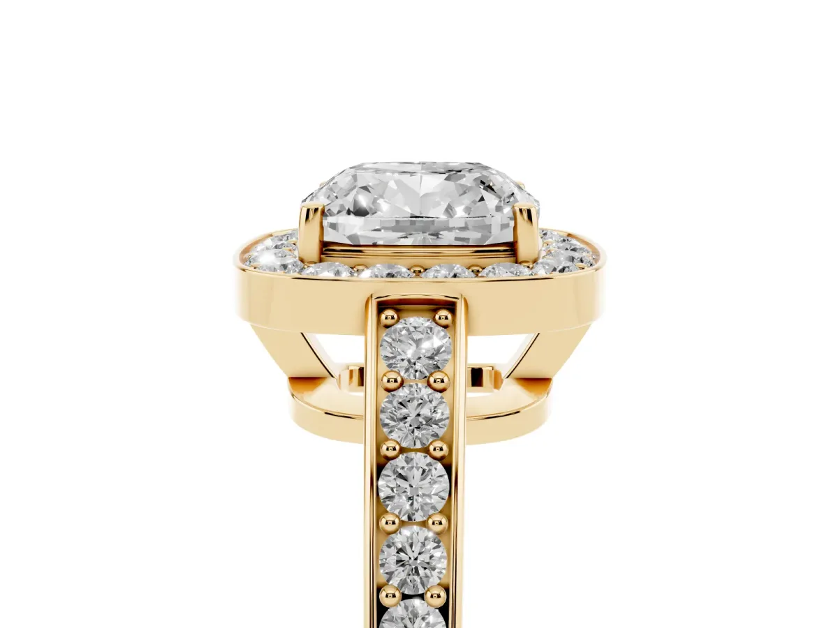 Cushion Cut Halo Pavé Diamond Engagement Ring with Bezel Setting Yellow gold
